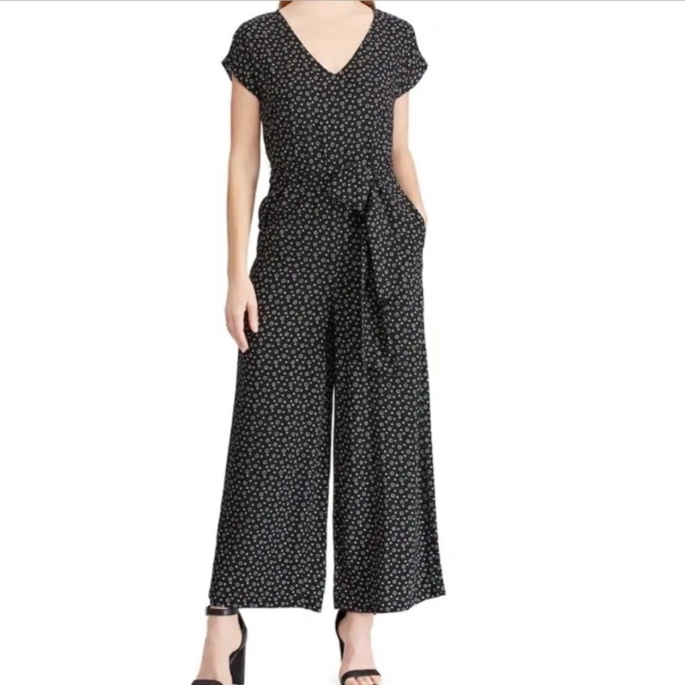 Chaps Black Print Wideleg Ankle Cropped Jumpsuit